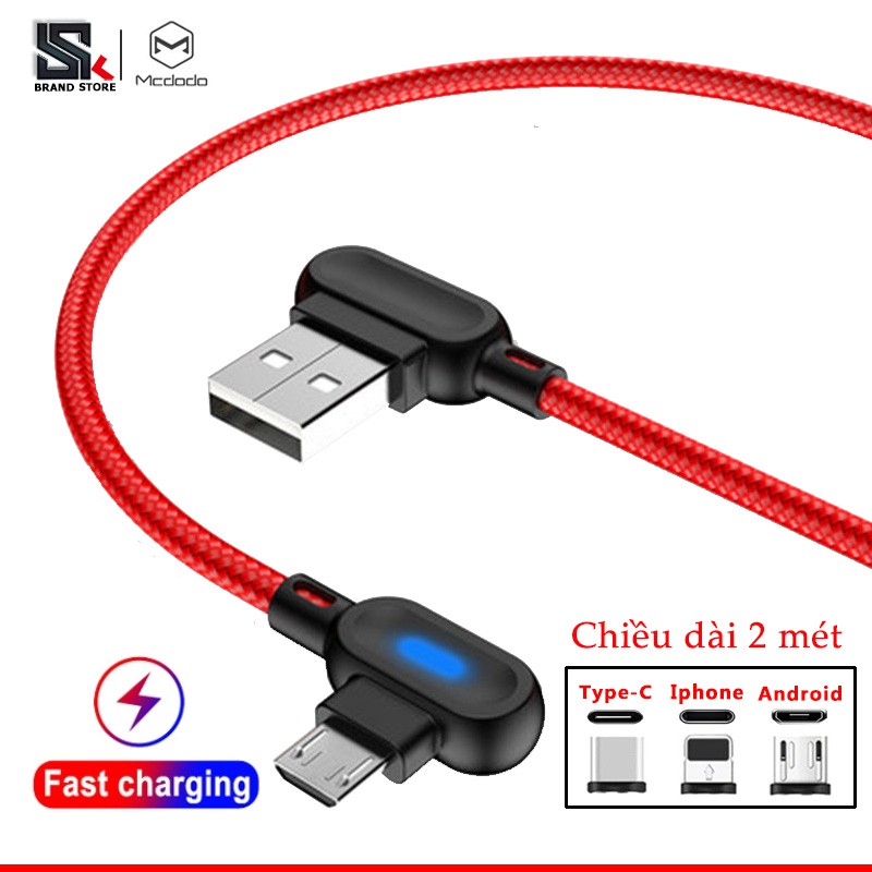 Dây cáp sạc Mcdodo MD1 Micro USB 90 2M có đèn LED dài Type C cho hệ điều hành Iphone/Android/Type-C