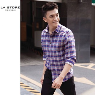 [ROUTINE] Áo sơ mi nam dài tay - Sơ mi flannel (vải dạ) caro tím xanh