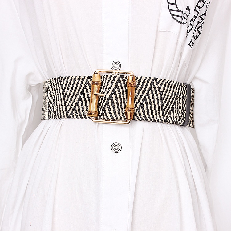 OFF WHITE Thắt Lưng Dệt Kim Tre Co Giãn Thương Hiệu Thời Trang Bohemian Dệt Kim Khóa Cài Màu Trắng Chất Lượng Cao Cho Nữ