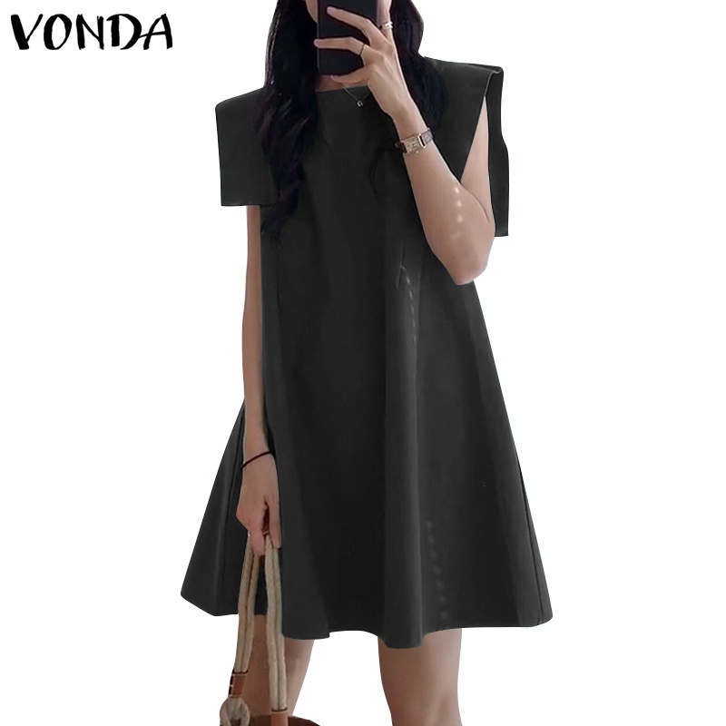 Đầm VONDA không tay dáng rộng cổ tròn màu trơn đơn giản phong cách Hàn Quốc thời trang mùa hè cho nữ