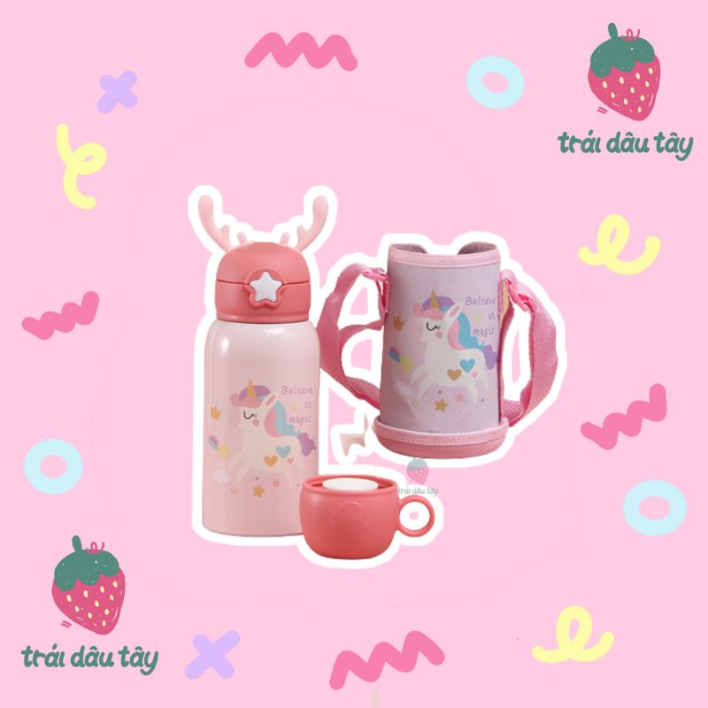 BÌNH GIỮ NHIỆT CHO BÉ HÌNH UNICORN NẮP BẬT VÓ ỐNG HÚT NHỰA VÀ NẮP VẶN QUAI TÚI ĐEO ĐI HỌC/ CHƠI MÀU HỒNG