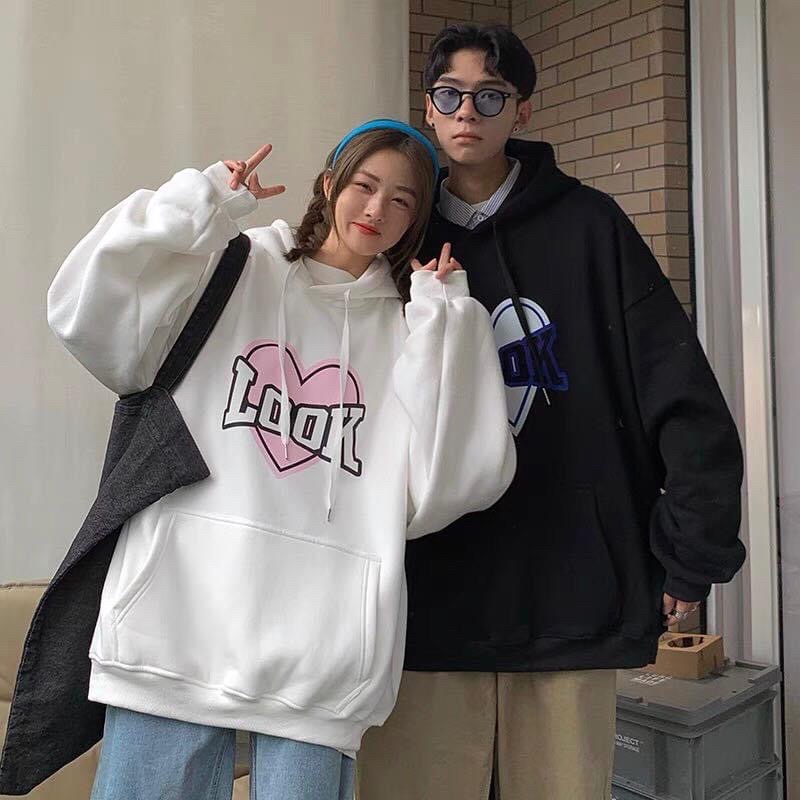 Áo Hoodie Tay Dài Nỉ Bông Unisex Trái Tim LOOK Mặc Couple Xinh Xắn