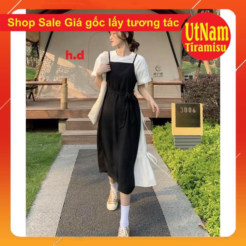 Sét váy 2 dây buộc eo phối váy trắng dáng xòe + áo thun trắng chất tuyết mưa basic nữ | BigBuy360 - bigbuy360.vn