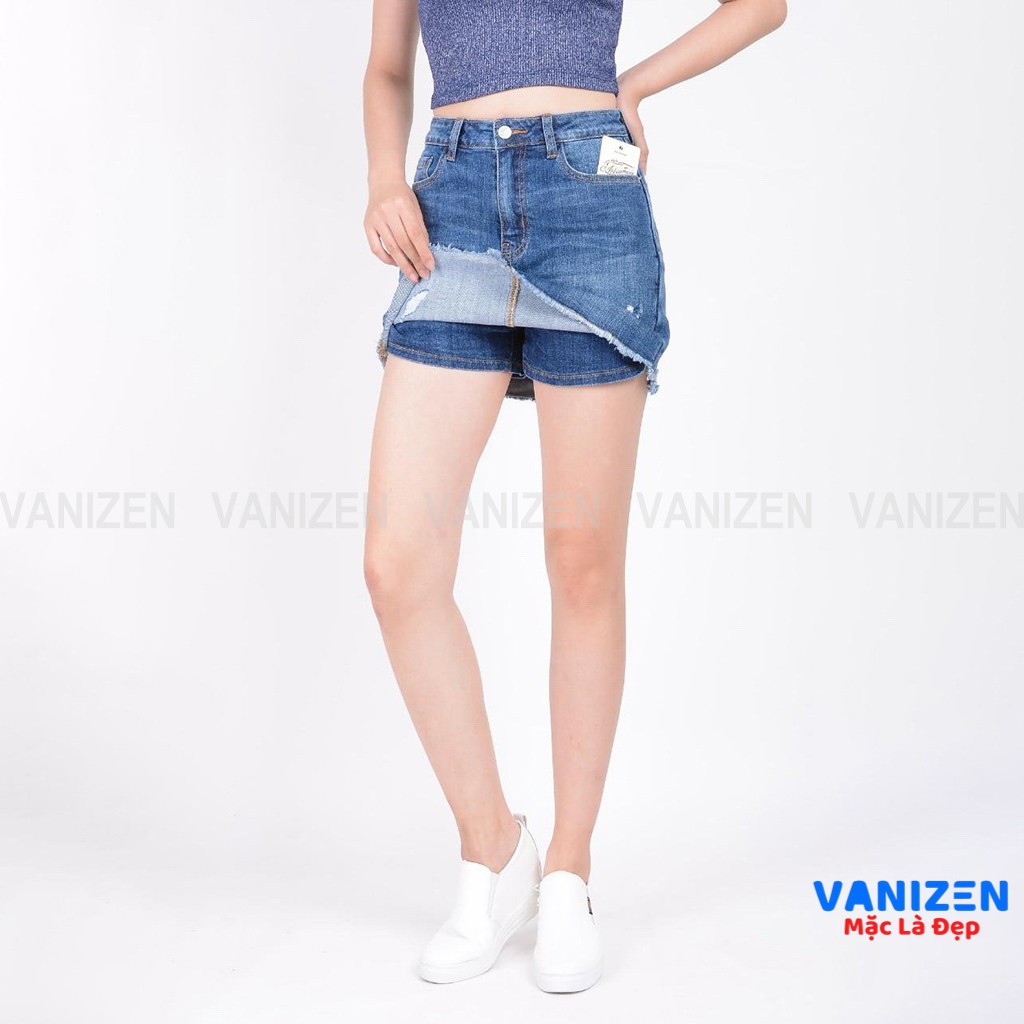 Chân váy jean nữ có quần bên trong đẹp lưng cao cạp cao rách nhẹ gấu tua rua hàng hiệu cao cấp mã 404 VANIZEN