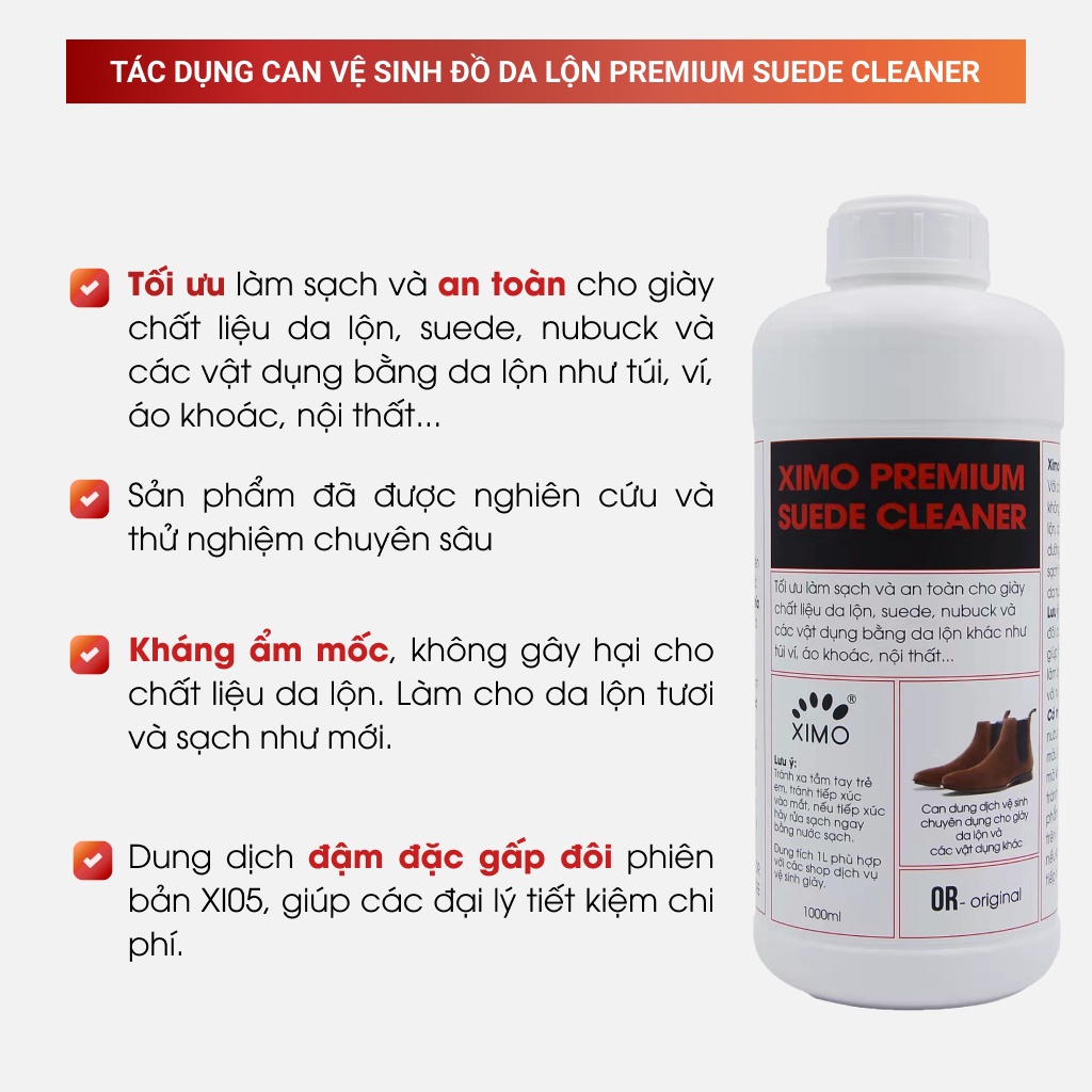 Can dung dịch vệ sinh chăm sóc da lộn XIMO Premium Suede Cleaner phù hợp cho các đại lý - 1000ml