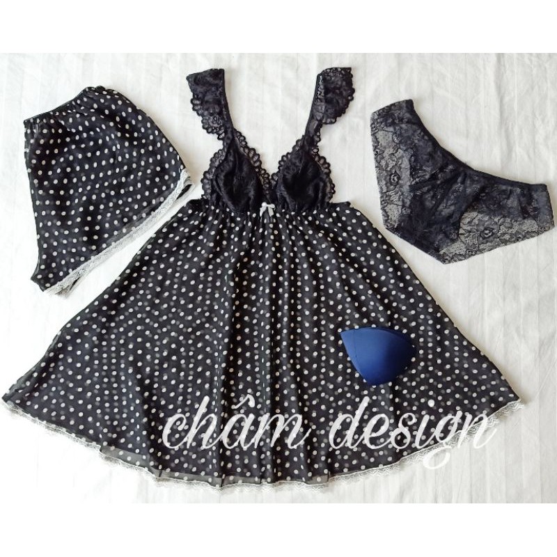váy ngủ chấm bi đen trắng(hàng thiết kế độc quyền)