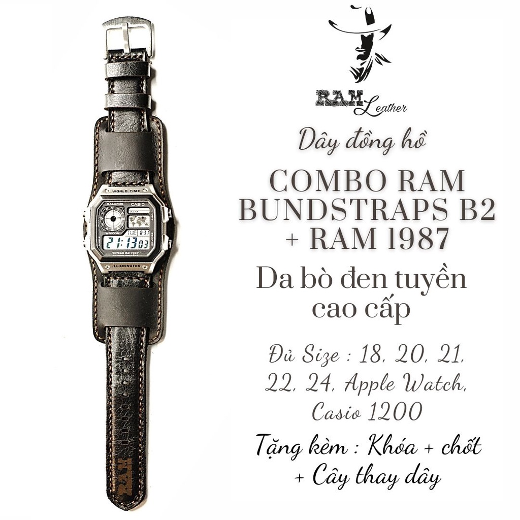 Dây đồng hồ RAM Leather B2 cho CASIO 1200, AE 1200, 1300, 1100, A159 , A168 , Size 18 da bò đen kiểu quân đội