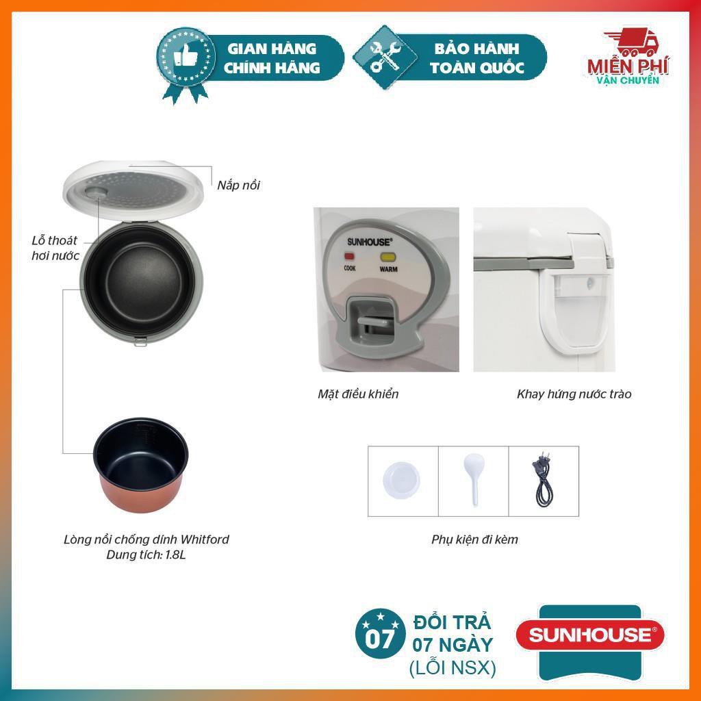 Nồi Cơm Điện 1.8L Sunhouse SHD8602, Nồi Cơm Điện Sunhouse Siêu Bền, Bảo Hành Toàn Quốc, Lòng Nồi Chống Dính Whitford | BigBuy360 - bigbuy360.vn