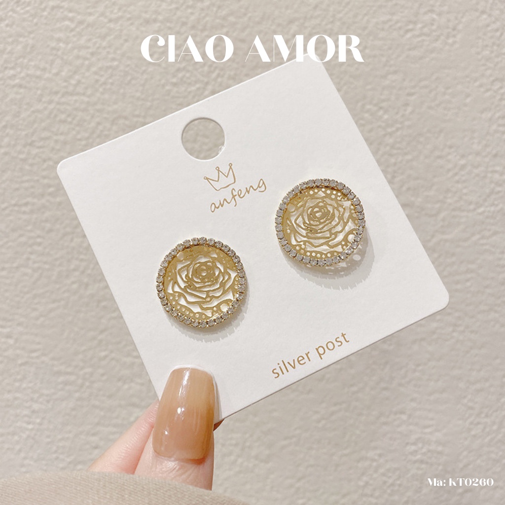 Khuyên tai nữ, bông tai tròn hoạ tiết lép viền đá sang trọng Trang sức Ciao Amor - KT0260