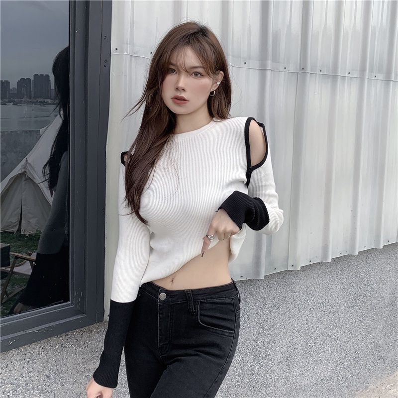 QADCOL Áo thun tay dài thiết kế khoét quyến rũ thích hợp cho phái nữ