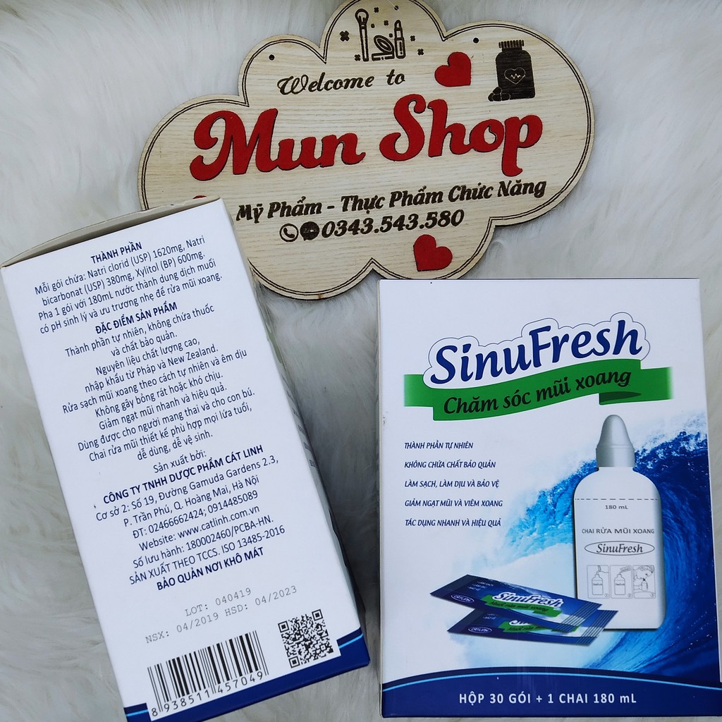 [CHÍNH HÃNG] SinuFresh - Muối Rửa Mũi Xoang Hộp 30 gói + 1 Chai rửa mũi 180 mL