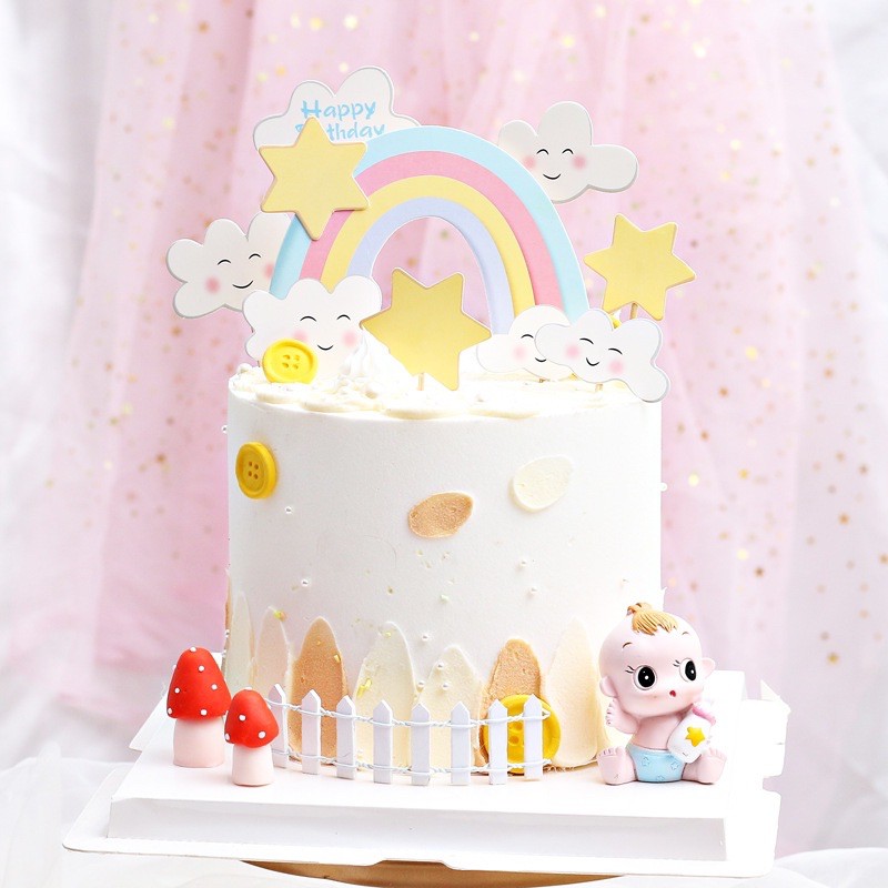 Topper cắm trang trí bánh kem hình đám mây màu cầu vồng