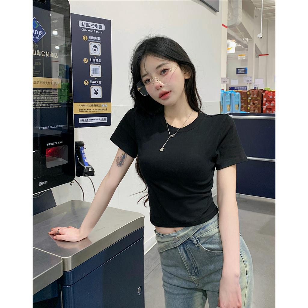 QADCOL Áo Thun Tay Ngắn Cổ Tròn Màu Trơn Đơn Giản Thời Trang Mùa Hè Cho Nữ