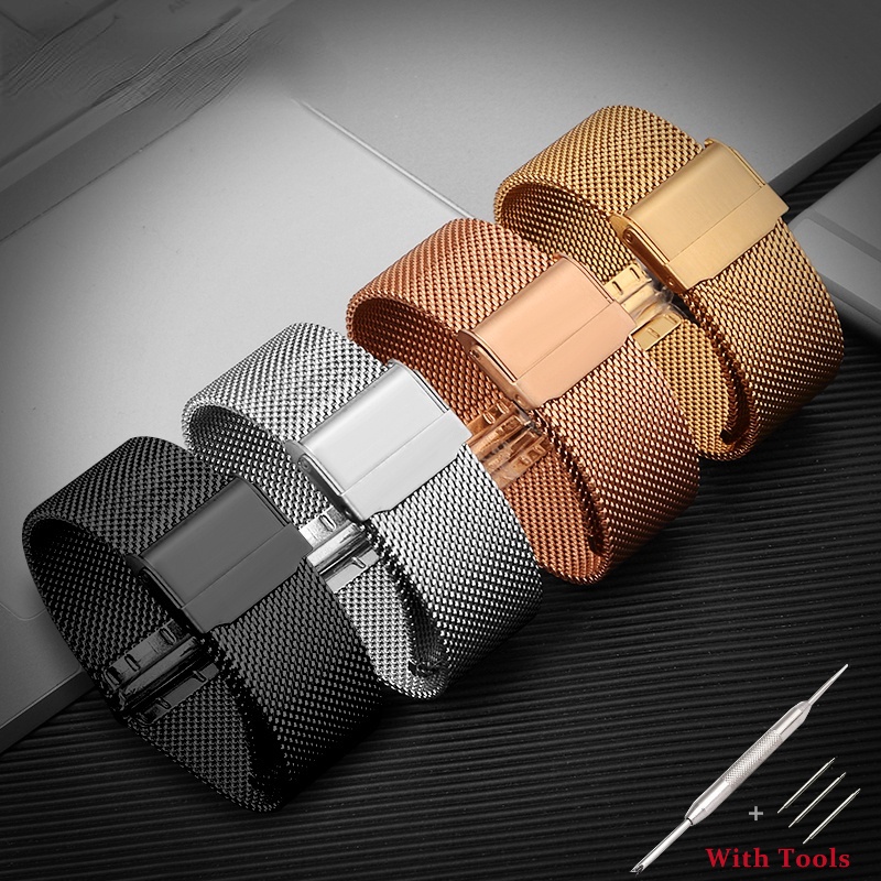Cho 14mm 16mm 17mm 18mm 19mm 20mm 21mm 22mm 24mm Thép không gỉ Milanese Dây đeo đồng hồ Đầu phẳng Dâ