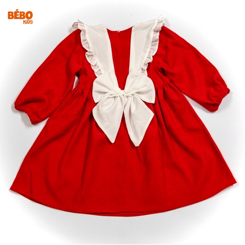 Váy đầm công chúa thiết kế cổ bèo nơ lưng mùa xuân siêu xinh xắn cho bé gái (10-28kg) nhung len đỏ A01