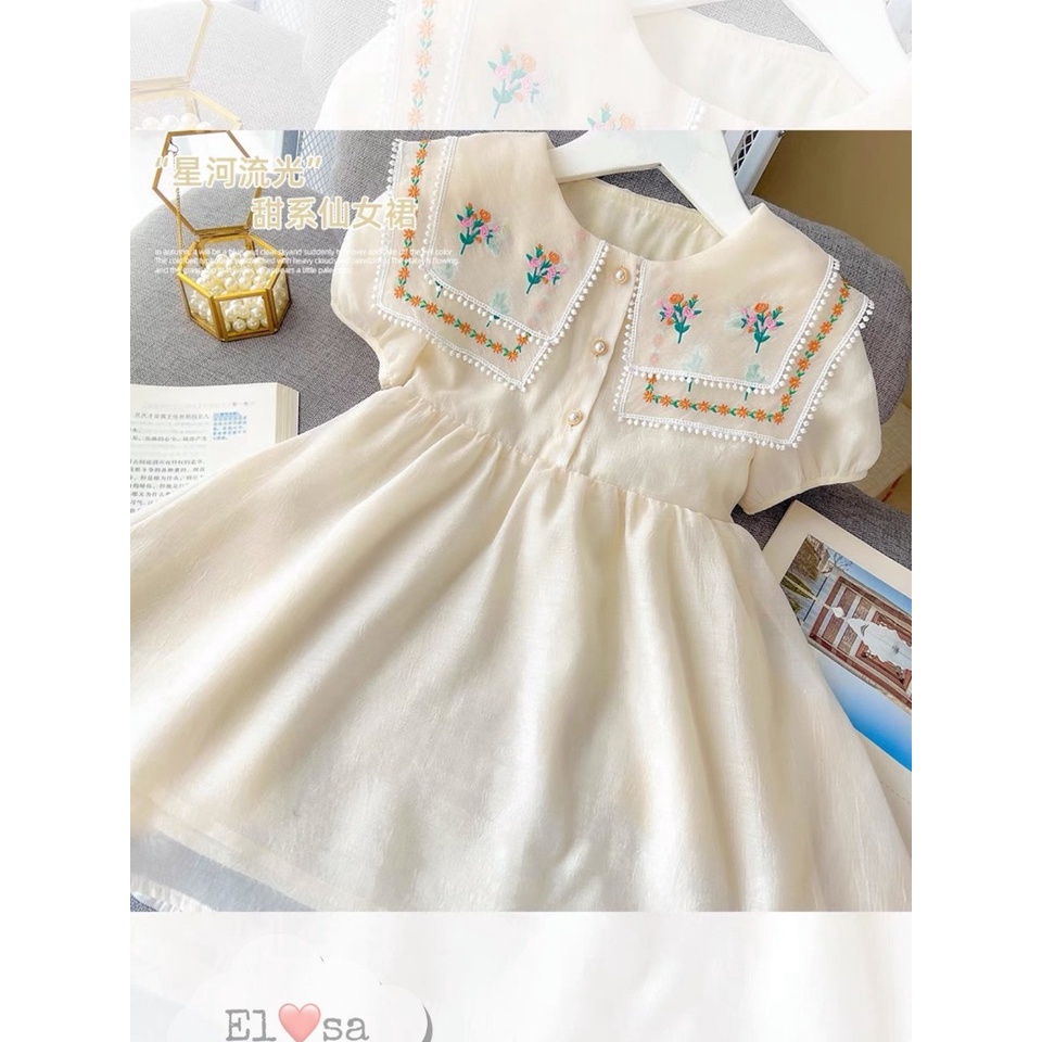 Váy Tơ Vạt Vuông Thêu Hoa Cực Xinh Cho Bé Gái