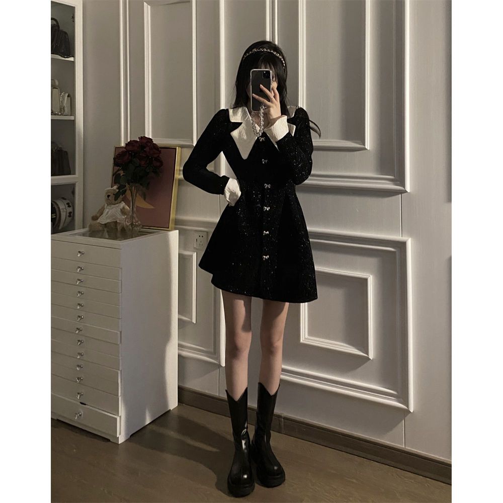 Váy babydoll đầm babydoll One Đầm Nhung Cổ Búp Bê Dáng Chữ A Màu Đen Thời Trang Mùa Đông Dành Cho Nữ