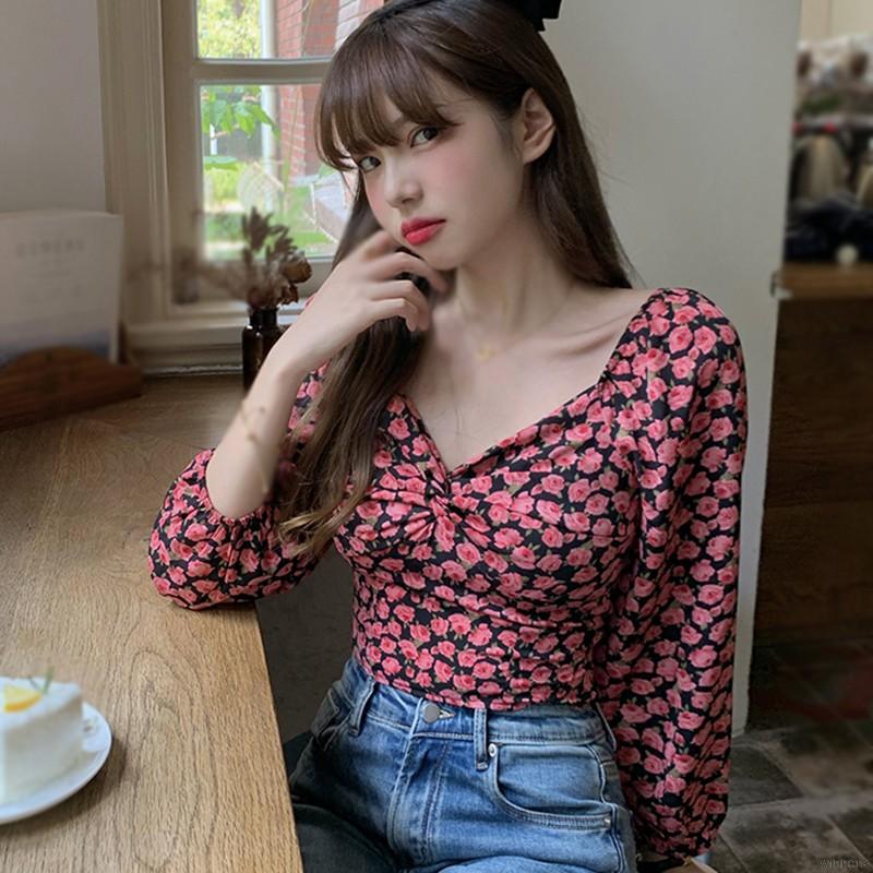 Áo Croptop Chất Chiffon Tay Dài Cổ Chữ V Hoạ Tiết Hoa Phong Cách Hàn Quốc