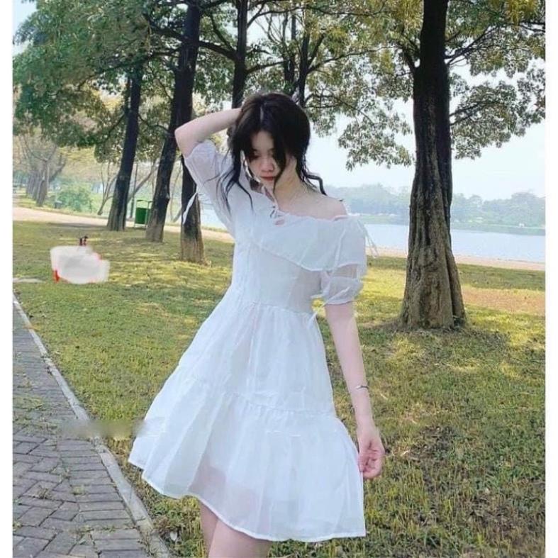 Váy 2 Dây Buộc Nơ Vai Vintage Nữ Đầm dáng ngắn, babydoll bánh bèo tiểu thư Ulzzang sang chảnh Hàn Quốc