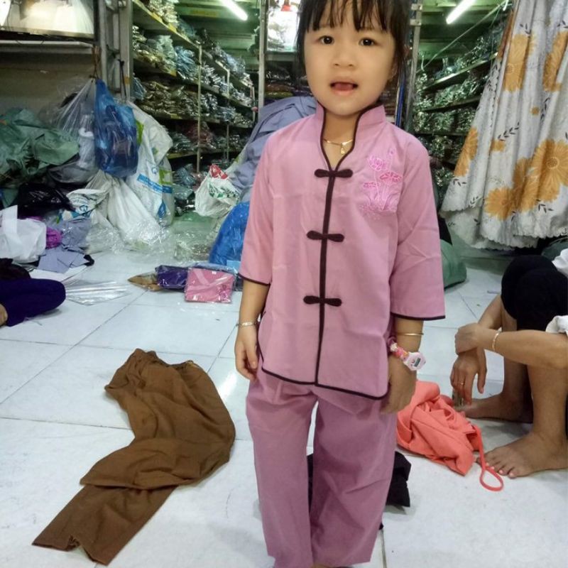 Bộ đồ lam đi chùa trẻ em vải Kate, Quần áo phật tử mẫu TÀU VIỀN bé gái