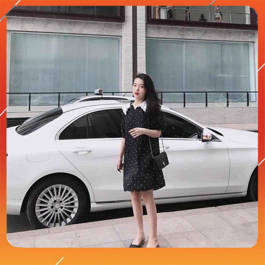 Đầm bầu ngắn tay chấm bi cổ bèo trắng M033 chất chéo thái thời trang thiết kế freesize