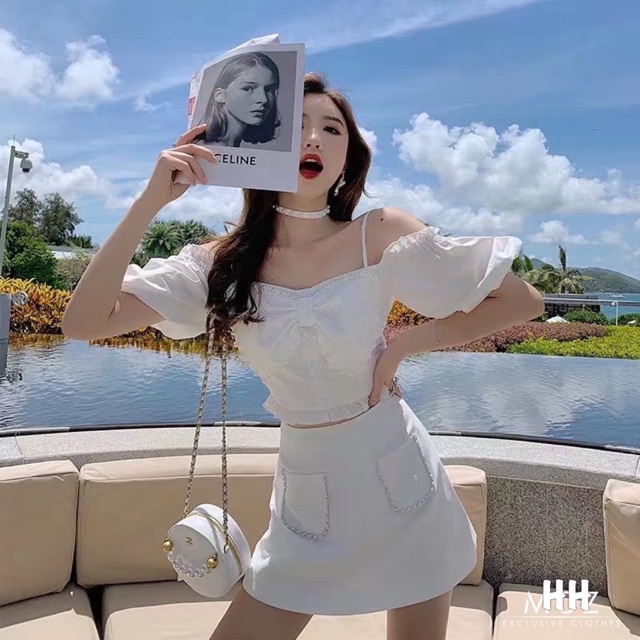 SET ÁO TRỄ VAI BÈO NƠ NGỰC MIX QUẦN GIẢ VÁY
