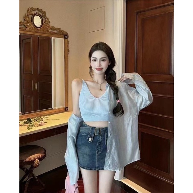 ( Ảnh thật )  A0610 Áo 2 dây len cổ tim ngang lưng
