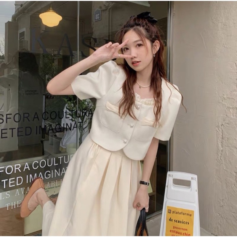 SET ÁO CROPTOP KEM BÈO CỔ NƠ 2 BÊN + CHÂN VÁY MIDI