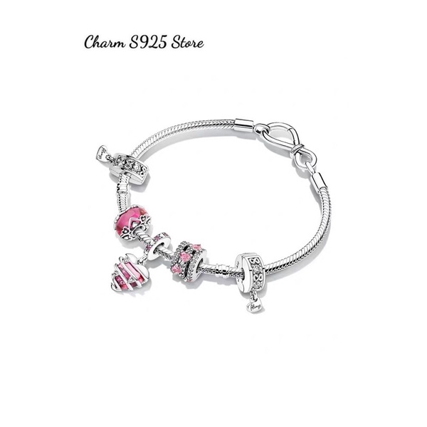 COMBO BỘ VÒNG TAY PAN ALE MIX 5 HẠT CHARM HỒNG BẠC S925 THUẦN KHIẾT HÀNG CAO CẤP