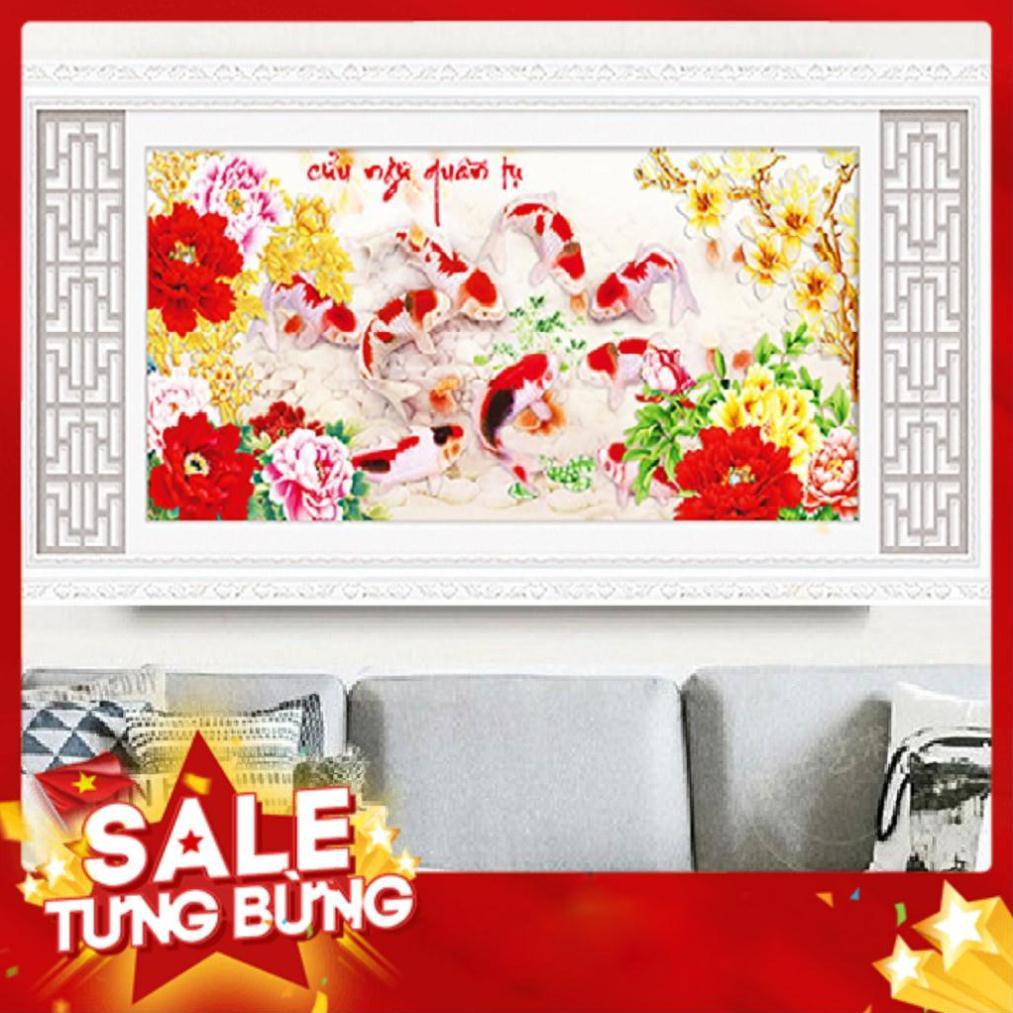 Tranh thêu chữ thập cá cửu ngư quần hội KT:125x61cm,tranh chưa thêu .Tặng kéo và xỏ chỉ