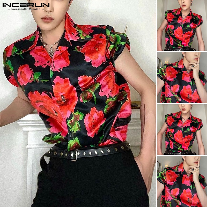 Áo sơ mi INCERUN ngắn tay in họa tiết phối nút thời trang cho nam