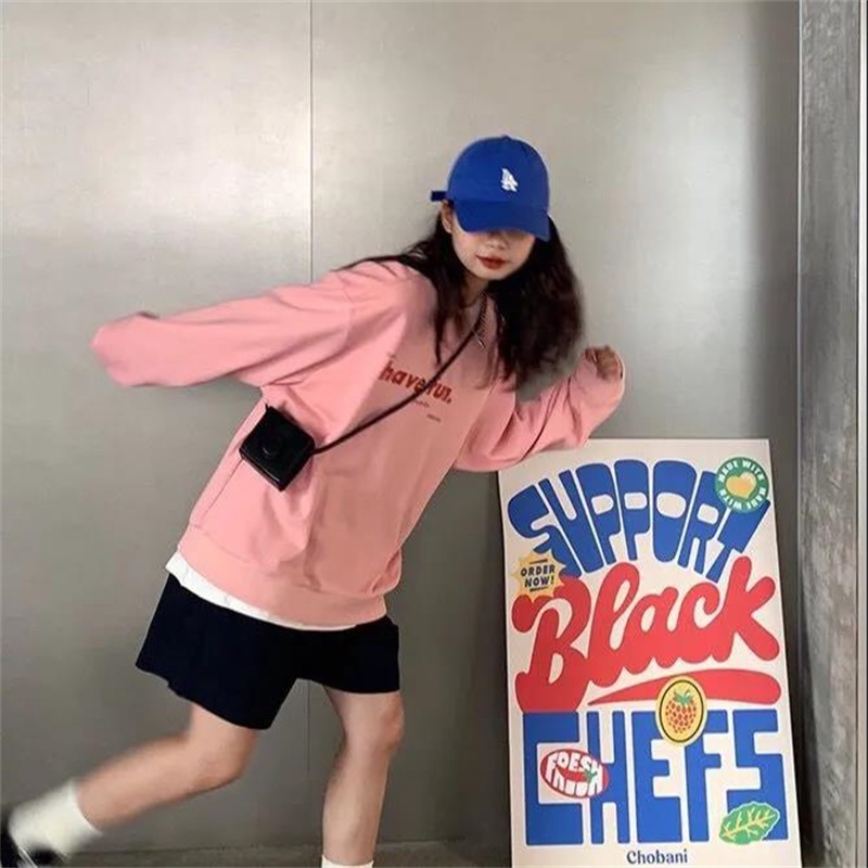 【ZHELIHANGFEI】Áo Thun Nỉ Tay Dài Dáng Rộng In Chữ Trẻ Trung Năng Động Hợp Thời Trang