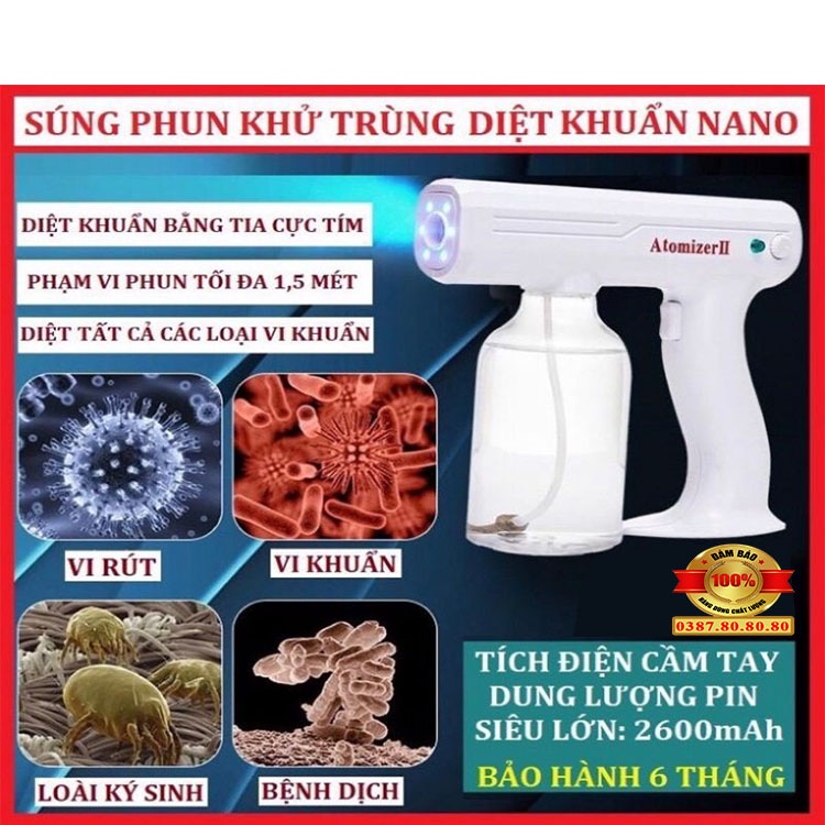 Súng phun khử khuẩn nano/ Máy xịt khử khuẩn cầm tay tia uv chống dịch, phun sương, diệt khuẩn 8 đèn led Atomizer 800ml