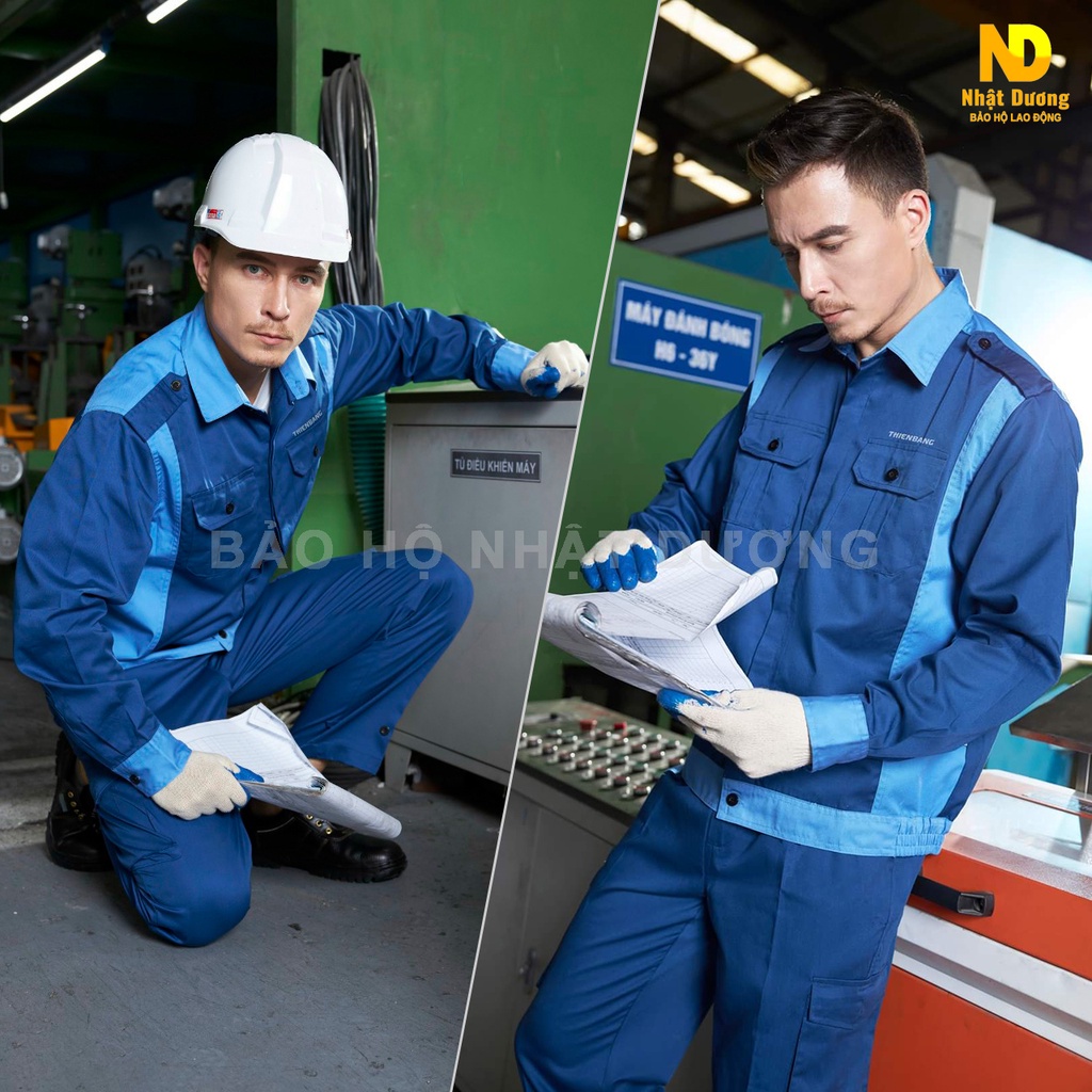 Quần áo bảo hộ lao động nam túi hộp dài tay màu xanh TB04, Đồ lao động Nhật Dương kaki pangrim mềm mát