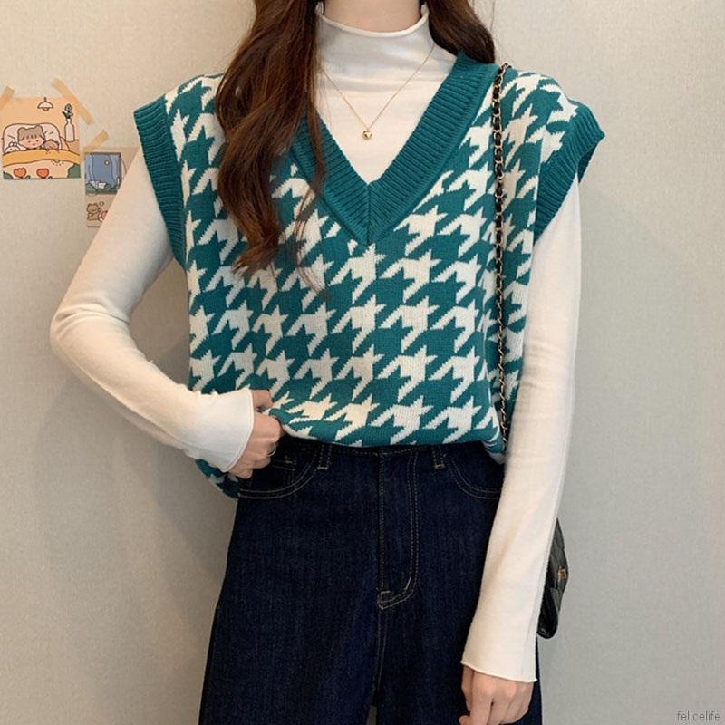 Vest for Women Loose Waistcoat With Plaid Knitted Top