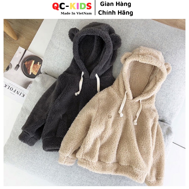 Áo thu đông cho bé trai, bé gái 8 đến 18 kg, Áo nỉ hoodie lông tai Gấu cho bé QC-KIDS