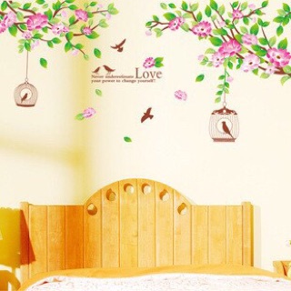 Decal dán tường Hoa đào và lồng chim