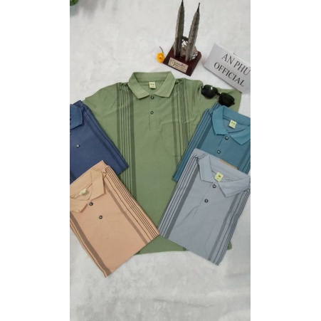 AP26 Áo thun trung niên cotton táo sọc có cổ tay ngắn vải mềm mát thấm hút mồ hôi