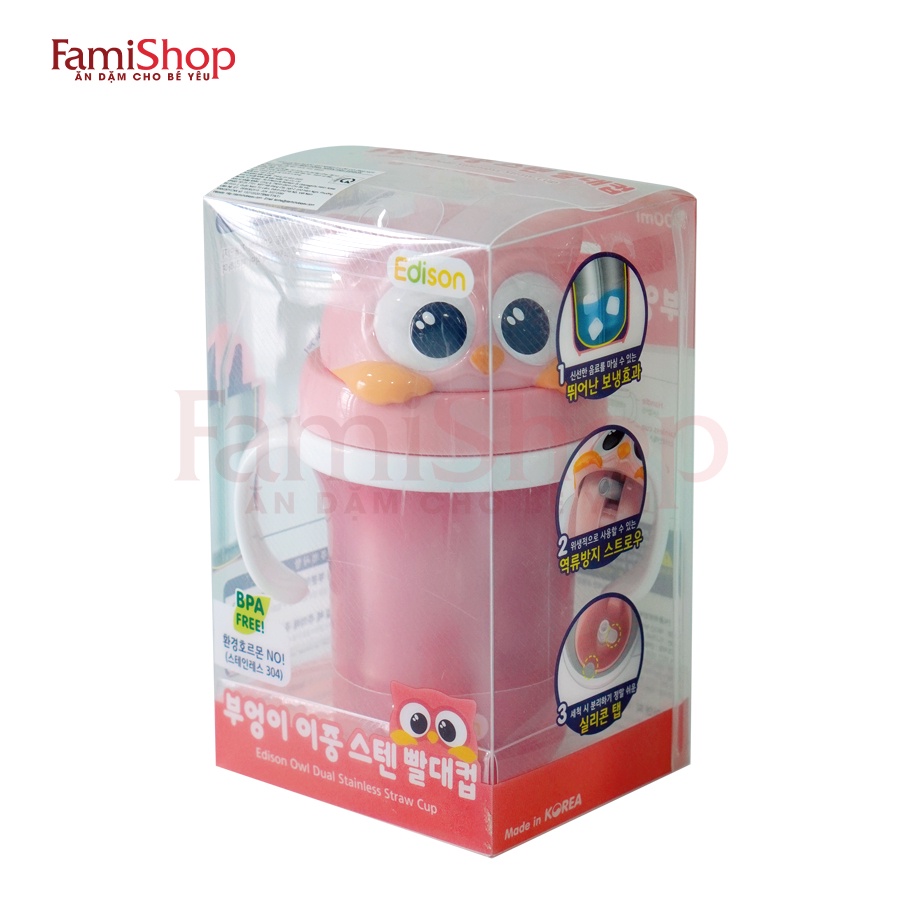 FamiShop Bình nước GIỮ NHIỆT ẤM có ống hút - hình cú mèo Edison, cung cấp nước ấm cho bé