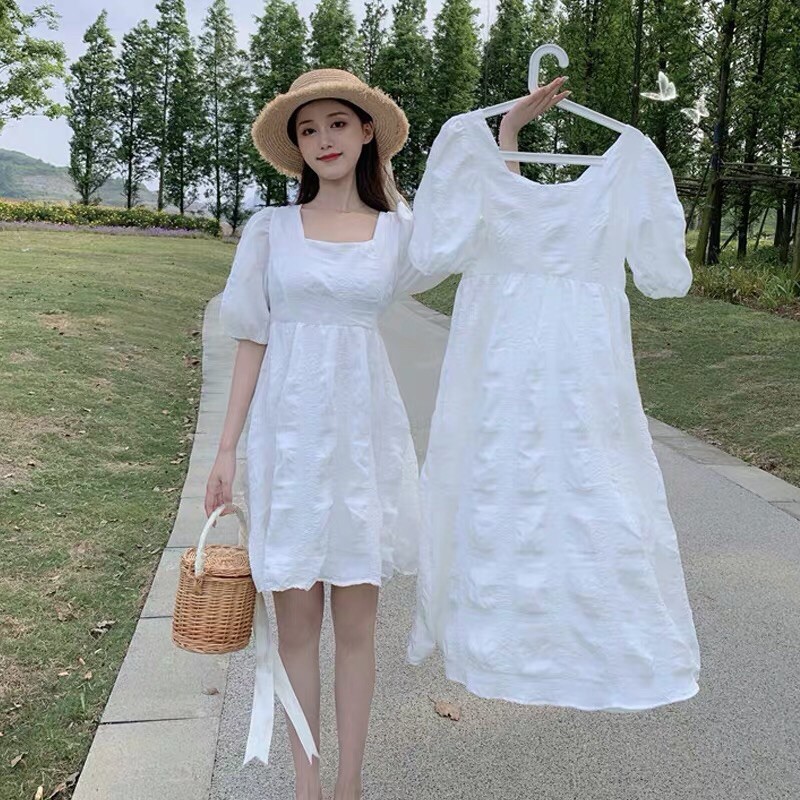 [ORDER, sẵn dáng dài size L ] Váy cổ vuông tay bồng dáng ngắn và dài ( mã size S-M-L order 15 ngày)