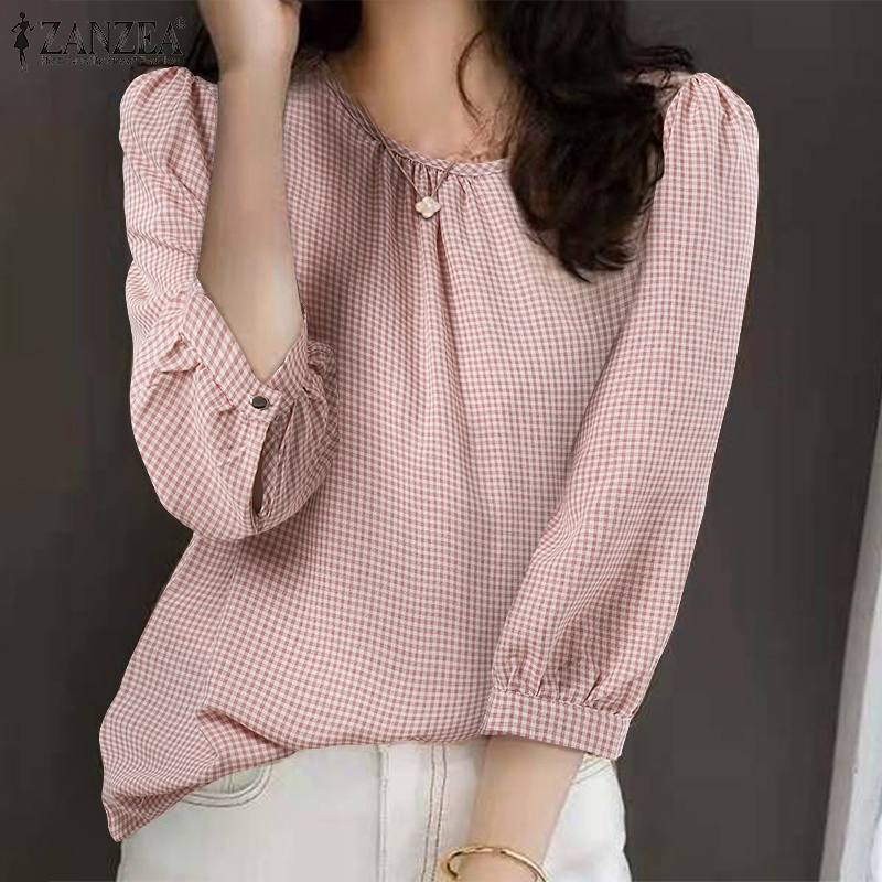 Áo kiểu ZANZEA cổ tròn tay áo 3/4 in họa tiết kẻ sọc caro dễ phối đồ kiểu dáng thanh lịch cho nữ