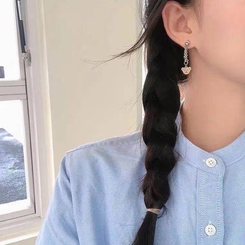 Hoa tai dáng dài hình gấu thời trang bằng thép không gỉ