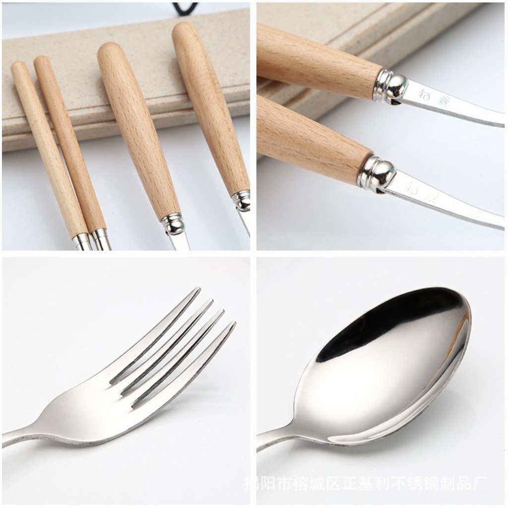 Bộ đũa thìa Inox tay cầm gỗ kèm hộp đựng lúa mạch Hasu - G03