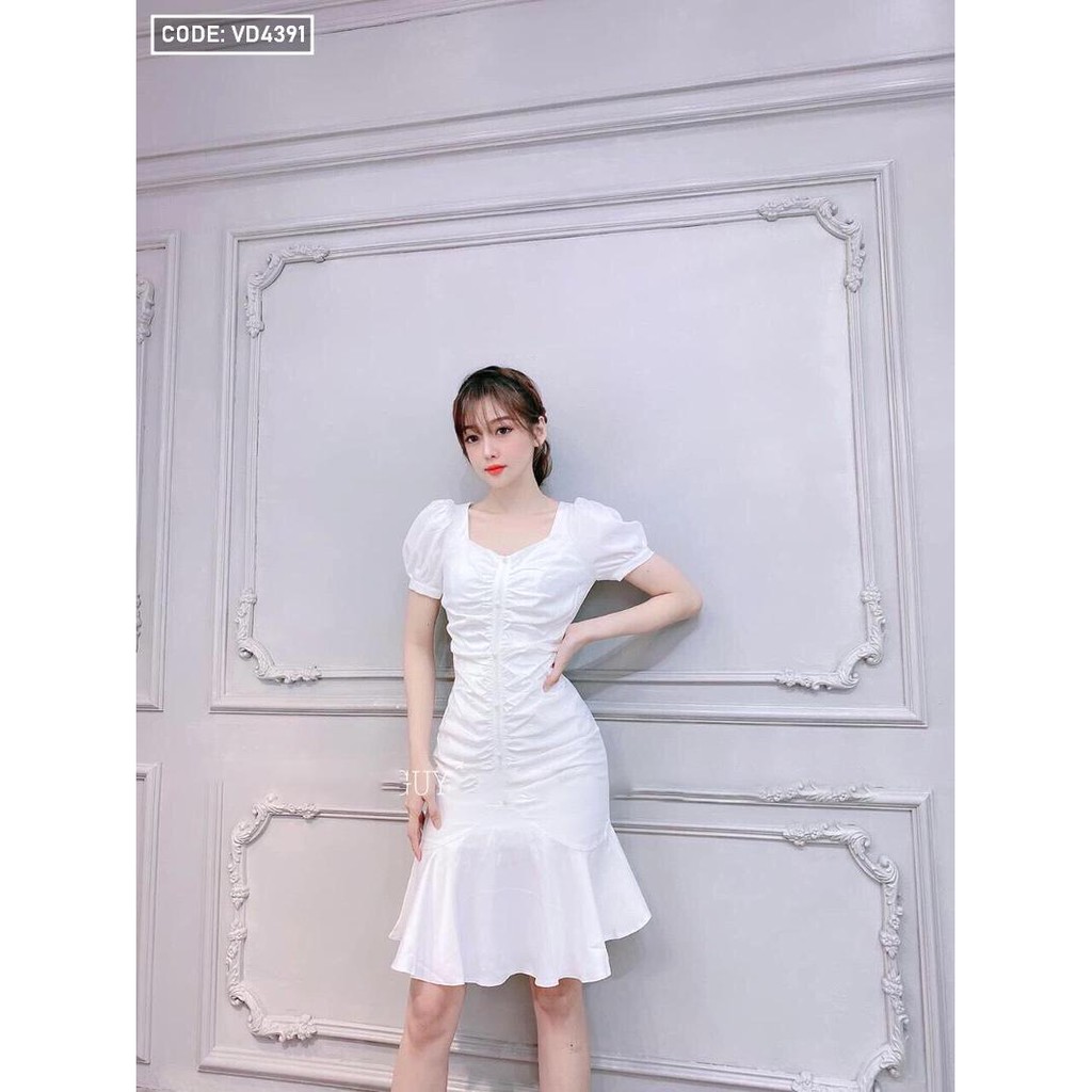 Váy Xòe Đẹp 🎈 FREE SHIP 🎈 Đầm Xòe Đẹp Nhúng Ngưc Tùng Rút Dây Màu Trắng Vải Lụa Mềm Mại Freesize từ 40 đên 55kg