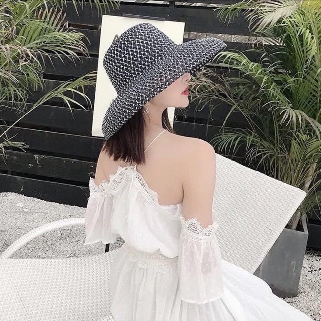 Mũ cói chuông trơn muối tiêu lồng đen đi biển cho Nữ