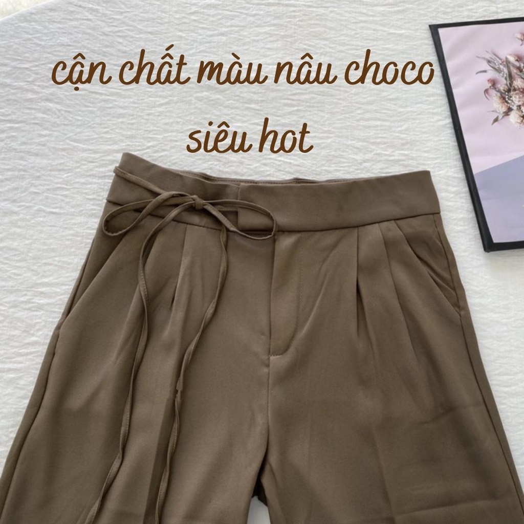 Quần ống rộng nữ buộc dây cạp lệch dài 100cm, Quần tây ống suông lưng cao hack dáng