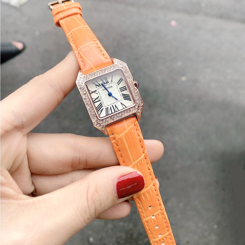 Đồng hồ nữ cartier cao cấp dây da mặt vuông viền đá kiểu dáng cực đẹp
