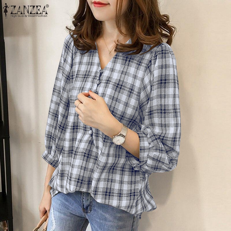 Áo sơ mi ZANZEA cổ chữ v tay 3/4 họa tiết caro dáng rộng cài nút thời trang cho nữ