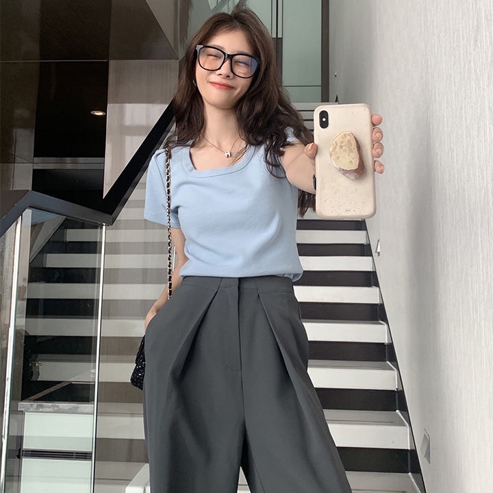 Áo Thun Tay Ngắn Cổ Chữ U Màu Trơn Phong Cách Thời Trang Hàn Quốc Mới 2022