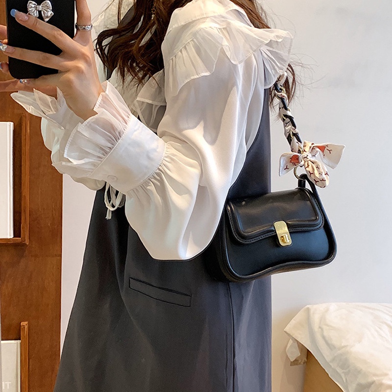 Túi xách IELGY đeo vai bằng vải màu trơn phối khăn trang trí thời trang cho nữ